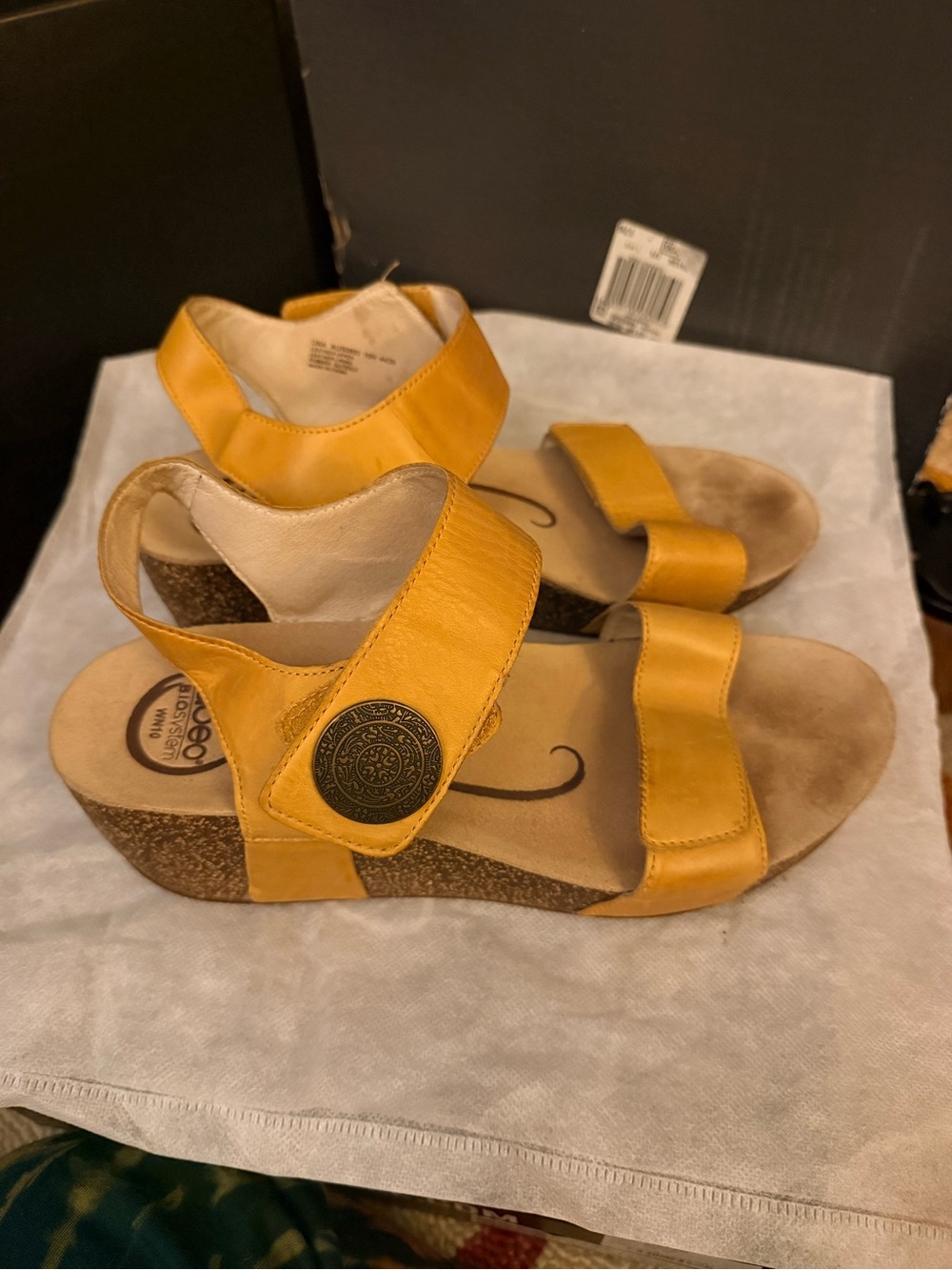 Abeo Mustard Yellow Leather Wedge Sandals with Decorative Medallion